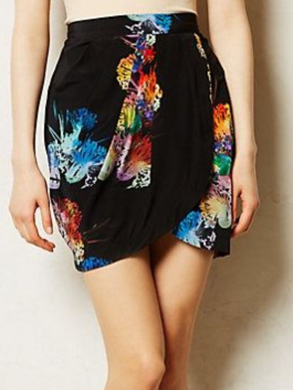 Anthropologie Silk Tulip Skirt Black with Colorful Abstract Florals